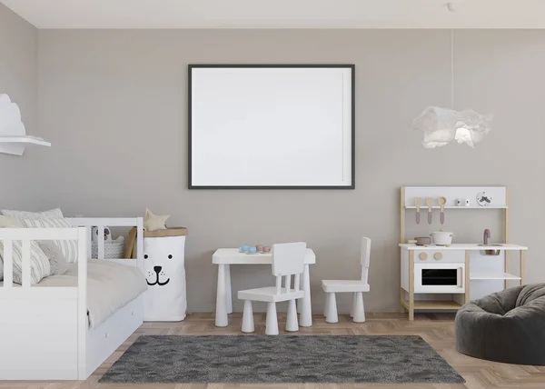 Leere Horizontale Bilderrahmen Hellgrauer Wand Modernen Kinderzimmer Innenausstattung Skandinavischen Stil — Stockfoto