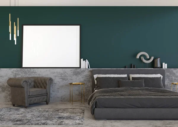 Empty Horizontal Picture Frame Green Wall Modern Bedroom Mock Interior — 图库照片
