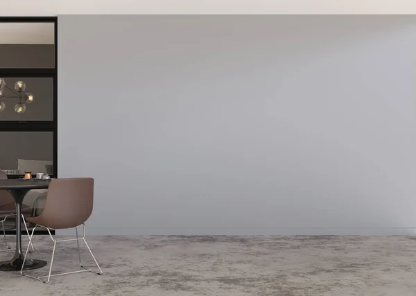 Room with concrete floor, gray wall and empty space. Table with chairs. Mock up interior. Free, copy space for your furniture, picture, decoration and other objects. 3D rendering