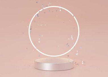Işık halkalı podyum ve pembe arka planda düşen konfeti. Ürün için şık bir podyum, kozmetik sunumu. Lüks modelleme. Güzellik ürünleri için yayalar veya platformlar. Boş sahne. 3B görüntüleme