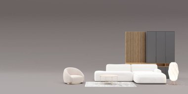 Reklam metnin ya da logon için modern mobilyalı afiş ve fotokopi alanı. Mobilya mağazası, iç mekan detayları. Mobilya satışı ya da iç proje konsepti. Boş alan şablonu. 3d hazırlayıcı