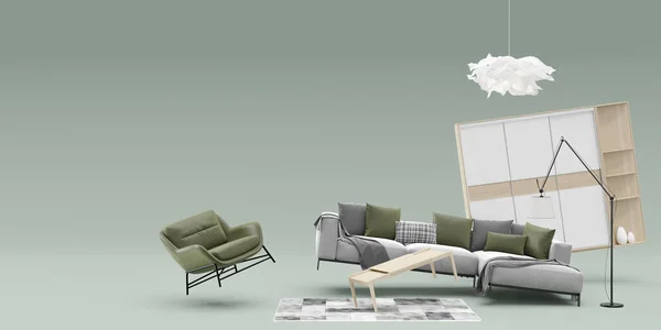 Banner with modern furniture and copy space for your advertisement text or logo. Furniture store, interior details. Furnishings sale or interior project concept. Template with free space. 3d render