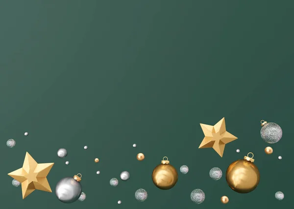 Beautiful Christmas Composition Gold Silver Details Dark Green Xmas Background — Stockfoto