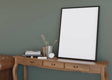 Modern oturma odasındaki yeşil duvara boş dikey resim çerçevesi. İç dekorasyonu çağdaş, klasik tarzda yap. Bedava, resmin için kopyalama alanı. Manzarayı kapat. 3B görüntüleme