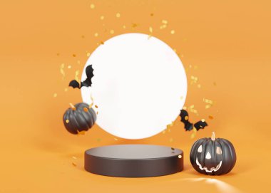 Turuncu arka planda cadılar bayramı süslemesi olan siyah podyum. Cadılar Bayramı kompozisyonu. Ürün sahnesi, kozmetik sunumu. Moda modeli. Yaya, platform, güzellik ürünleri için sahne. 3 Boyutlu Hazırlama