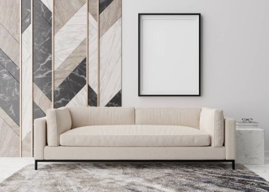 Modern oturma odasındaki beyaz duvara boş dikey resim çerçevesi. İç mekanı minimalist, çağdaş tarzda düzenle. Bedava, resmin için kopyalama alanı. Koltuk, halı. 3B görüntüleme