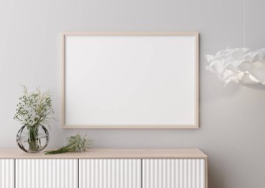 Empty horizontal picture frame on white wall in modern living room. Mock up interior in minimalist, contemporary style. Free space for your picture. Console, flowers in vase, lamp. 3D rendering