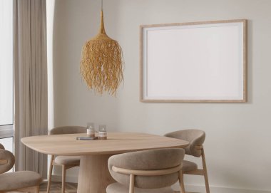 Empty horizontal picture frame on beige wall in modern living room. Mock up interior in boho style. Free, copy space for your picture, poster. Wooden table with chairs, candles. 3D rendering
