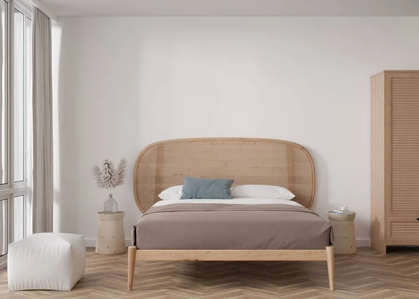 Empty White Wall Modern Bedroom Mock Interior Scandinavian Boho Style — 图库照片