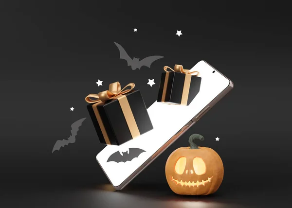 Smartphone Flying Gift Boxes Halloween Decoration Black Background Shopping Smartphone — Photo