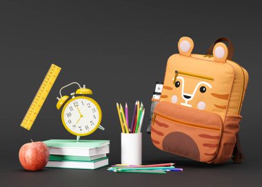 School stationery items on black background with free space for text. Creative, colourful background with school supplies. Layout with copy space. School bag, backpack, pencils, books. 3D rendering