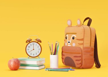School stationery items on yellow background with free space for text. Creative, colourful background with school supplies. Layout with copy space. School bag, backpack, pencils, books. 3D rendering