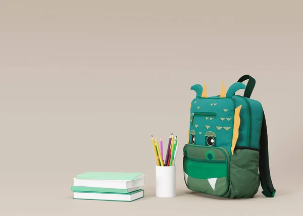 School stationery items on beige background with free space for text. Creative, colourful background with school supplies. Layout with copy space. School bag, backpack, pencils, books. 3D rendering