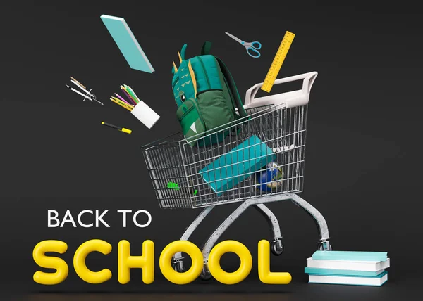 Shopping cart, trolley with school stationery items on black background. Shopping for school, sale of school supplies. Back to school concept. Shopping, good offer. 3D rendering