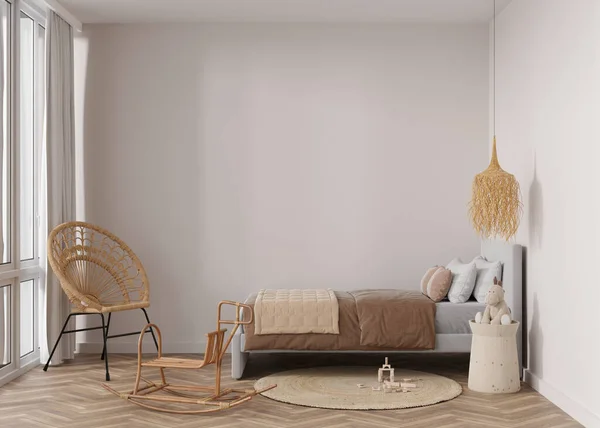 Empty wall in modern child room. Mock up interior in boho style. Free, copy space for your picture or poster. Bed, rattan chair, carpet, toys. Cozy room for kids. 3D rendering