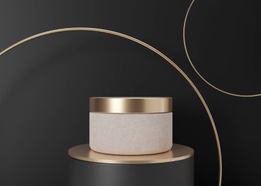 Blank, unbranded cosmetic cream jar standing on golden podium. Skin care product presentation. Elegant mockup. Skincare, beauty and spa. Jar with copy space. 3D rendering