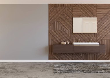 Beautiful and modern bathroom. Wooden panels. Washbasin. Home interior in contemporary style. Luxury bathroom mock up. Free, copy space for your furniture, radiator or other details. 3D rendering