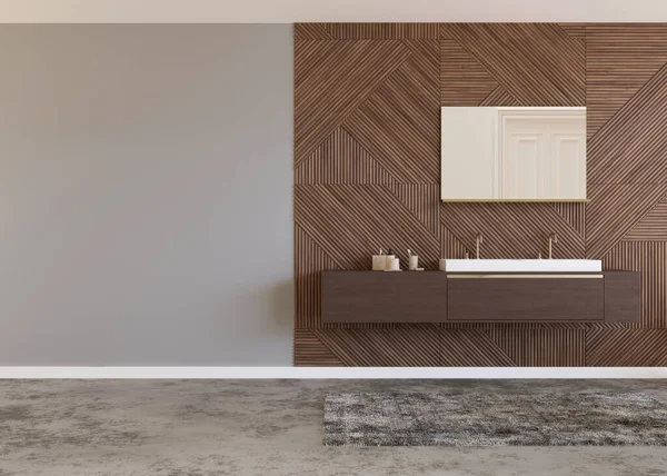 Beautiful and modern bathroom. Wooden panels. Washbasin. Home interior in contemporary style. Luxury bathroom mock up. Free, copy space for your furniture, radiator or other details. 3D rendering