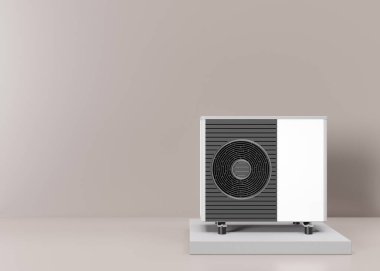 Air heat pump on beige background. Modern, environmentally friendly heating. Air source heat pumps are efficient and renewable source of energy. Free, copy space for your text, advertising. 3d render clipart