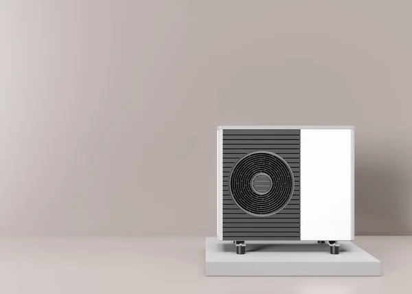 Air heat pump on beige background. Modern, environmentally friendly heating. Air source heat pumps are efficient and renewable source of energy. Free, copy space for your text, advertising. 3d render