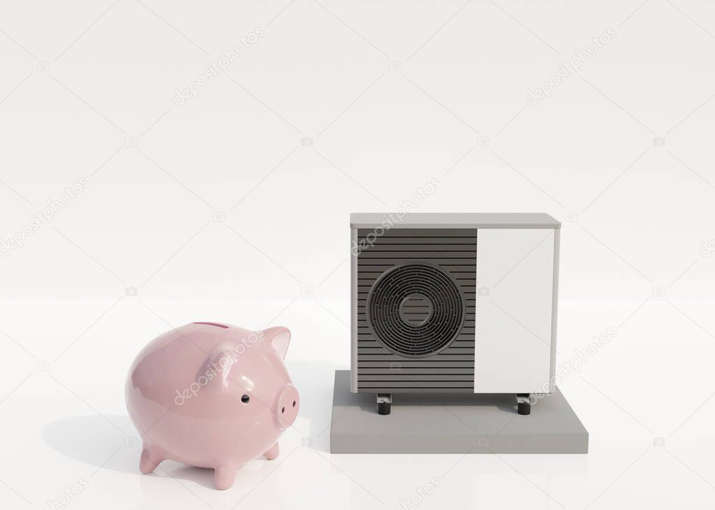 Air heat pump and piggy bank on white background. Modern, environmentally friendly heating. Save your money with air source heat pump. Free, copy space for your text, advertising. 3d render