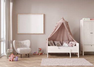 Empty horizontal picture frame on beige wall in modern child room. Mock up interior in contemporary, scandinavian style. Free, copy space for picture. Bed, toys. Cozy room for kids. 3D rendering