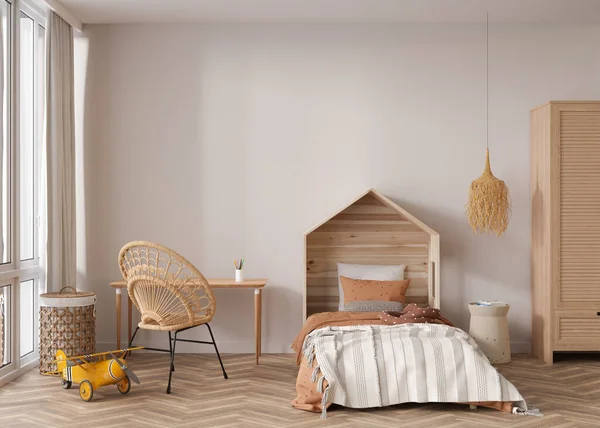 Empty wall in modern child room. Mock up interior in boho style. Free, copy space for your picture or poster. Bed, rattan chair, toys. Cozy room for kids. 3D rendering