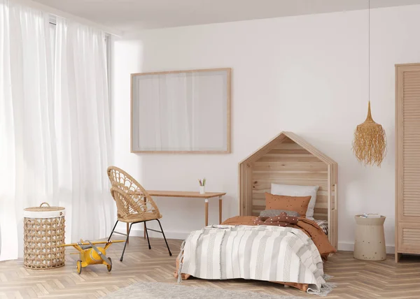 Empty horizontal picture frame on white wall in modern child room. Mock up interior in boho style. Free, copy space for your picture. Bed, rattan chair, toys. Cozy room for kids. 3D rendering