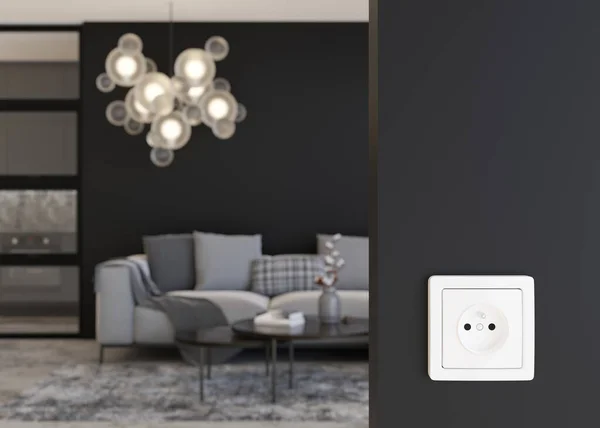 White electric socket on the wall at home. Close up view. Save electricity, electricity is getting more expensive. Energy crisis, energy price. 3d rendering