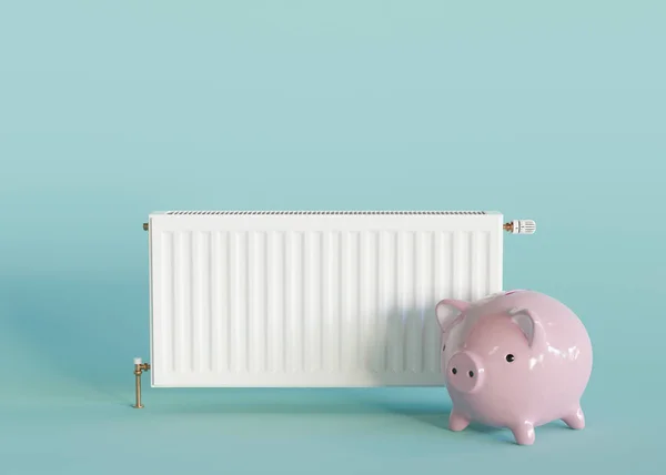 White Heating Radiator Piggy Bank Blue Background Central Heating System — Stok fotoğraf