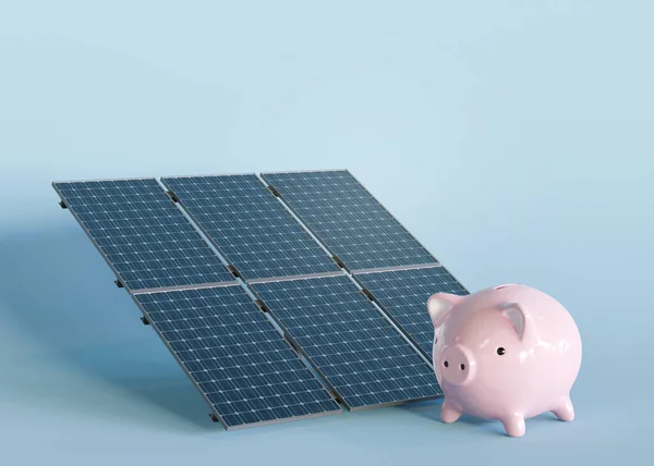 Solar Panels Piggy Bank Blue Background Photovoltaic Alternative Electricity Source — Stock fotografie