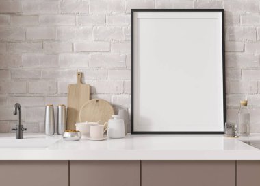 Modern mutfakta duran boş dikey çerçeve. İç mekanı minimalist, çağdaş tarzda düzenle. Bedava, resmin için fotokopi alanı, poster. Manzarayı kapat. 3B görüntüleme