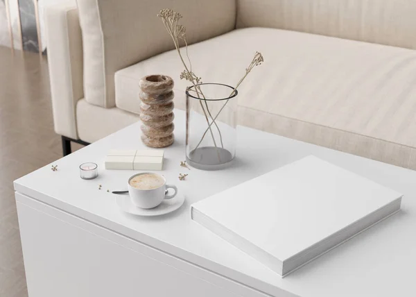 White book cover mock up with coffee cup, vase and other home accessories on white table. Blank template for your design. Book or catalogue cover presentation. 3D rendering