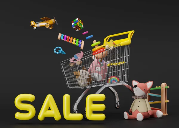 Shopping Cart Trolley Childrens Toys Black Background Yellow Text Sale — Stockfoto