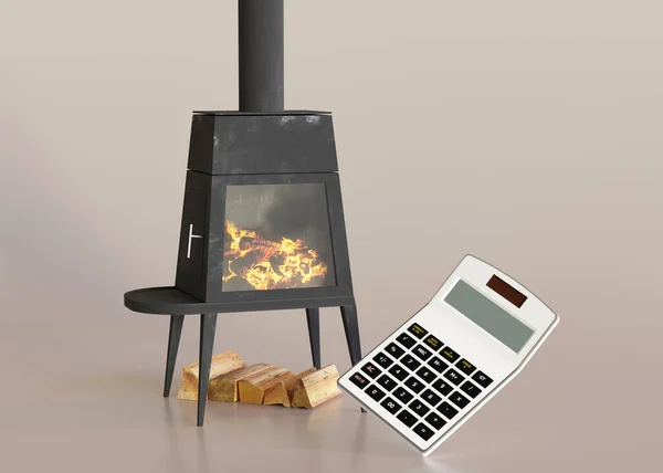 Fireplace Firewood Calculator Beige Background Heating Getting More Expensive Energy — Stok fotoğraf