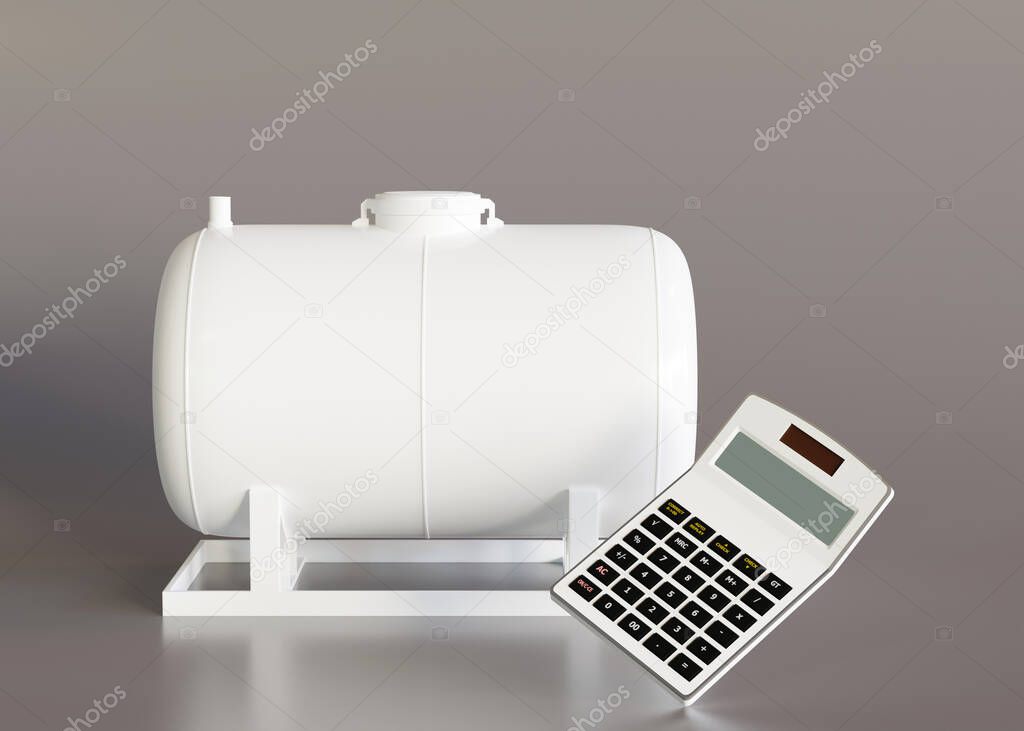 Gas tank and calculator on gray background. LPG, Liquefied Petroleum Gas. Propan and butan. Heating is getting more expensive. Energy crisis. Gas price. 3D rendering