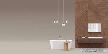 Banner with modern bathroom furniture, sanitary ware and copy space for your advertisement text or logo. Furniture, sanitary ware store, interior details. Sale. Bathroom interior project. 3d render