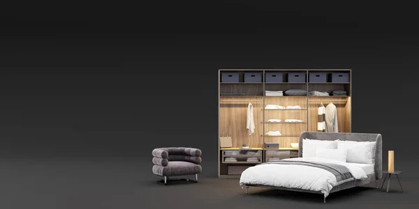 Banner with modern bedroom furniture and copy space for your advertisement text or logo. Furniture store, interior details. Furnishings sale. Interior project. Template with free space. 3d rendering