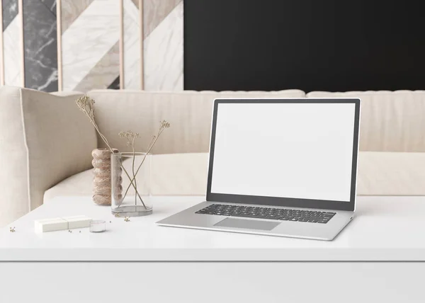 Laptop with blank white screen, on white table at home. Computer mock up. Free, copy space for app, game, web site presentation. Empty laptop screen ready for your design. Modern interior. 3D render