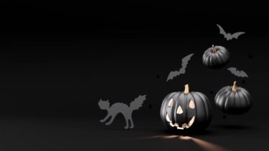 Halloween decoration with lights on black background. Free, copy space for your text or logo. Halloween mock up, template for advertising. Black pumpkin, bat, cat and stars. 3D rendering