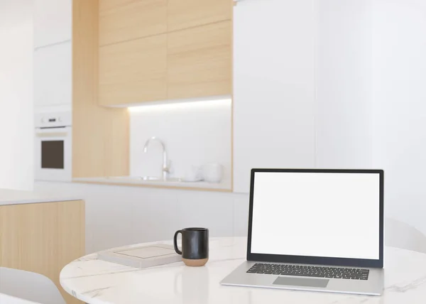 Laptop with blank white screen, on white table at home. Computer mock up. Free, copy space for app, game, web site presentation. Empty laptop screen ready for your design. Modern interior. 3D render