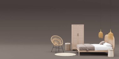 Banner with boho style bedroom furniture and copy space for your advertisement text or logo. Furniture store, interior details. Furnishings sale. Interior project. Template with free space. 3d render
