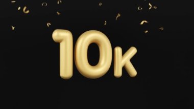 10000 followers animation with golden confetti on black background. Motion graphic for social network, blog. 10k followers, likes celebration. Social media achievement. Ten thousand subscriber. 3D