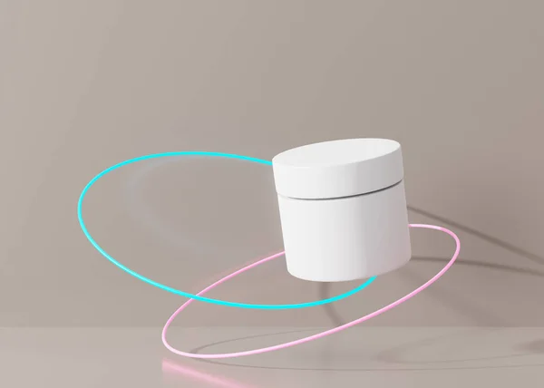 White Blank Unbranded Cosmetic Cream Jar Flying Rings Beige Background —  Fotos de Stock