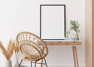 Empty vertical picture frame standing on wooden desk in modern living room. Mock-up interior in contemporary, boho style. Free, copy space for your picture. Vase, pampas grass, rattan chair. 3D render