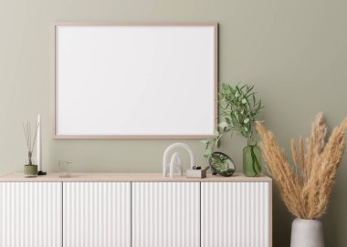 Empty horizontal picture frame on light green wall in modern living room. Mock up interior in contemporary, boho style. Copy space for your picture, poster. Vase with pampas grass, console. 3D render