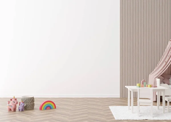 Kids room wallpaper presentation mock up. Empty white wall in modern child room. Copy space for your wallpaper design, wall stickers or other decoration. Interior in scandinavian style. 3D rendering