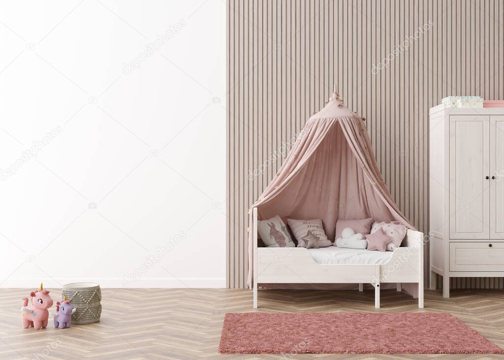 Kids room wallpaper presentation mock up. Empty white wall in modern child room. Copy space for your wallpaper design, wall stickers or other decoration. Interior in scandinavian style. 3D rendering