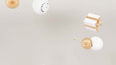 Gift boxes, golden and white pumpkins falling down. Halloween decoration on beige background. Halloween gifts, presents. Sale, good offer concept. 3D rendering