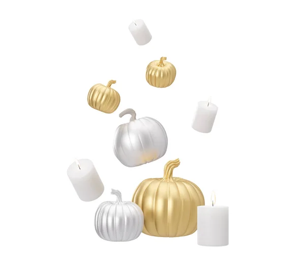 Silver and golden pumpkins and flying candles isolated on white background, with clipping path. Halloween decoration. Cut out. Design element for greeting card, invitation, advertising. 3D rendering